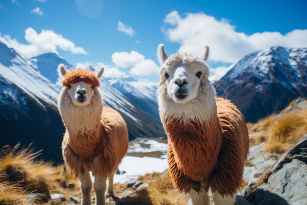 Foto dois lamas de pé numa montanha coberta de neve