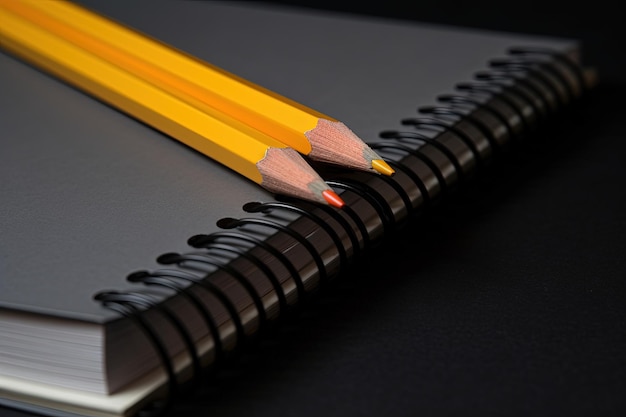 Dois lápis e caderno preto na mesa De volta ao conceito de escola