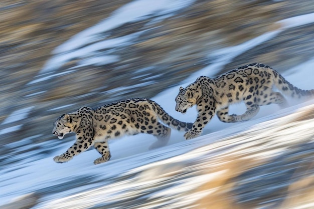 Foto dois leopardos da neve estão correndo na neve.