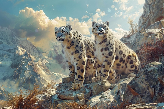 dois leopardos da neve estão em uma montanha com o céu ao fundo