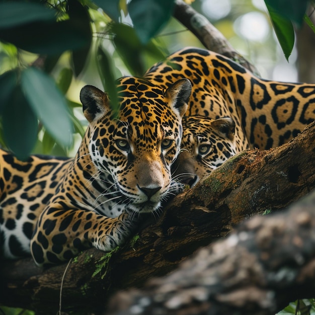 Dois leopardos sentados numa árvore Escena do Dia Internacional do Jaguar