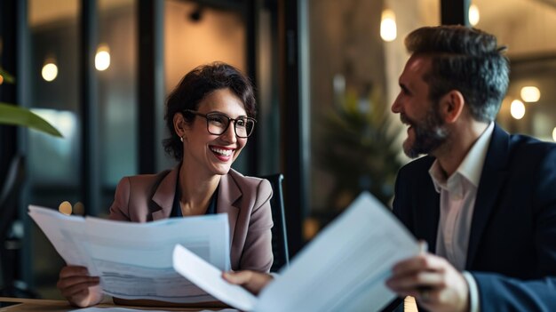 Dois líderes corporativos em uma reunião revisando documentos legais com uma consultora jurídica feliz Colaboradores experientes conduzindo uma revisão de documentos de projeto