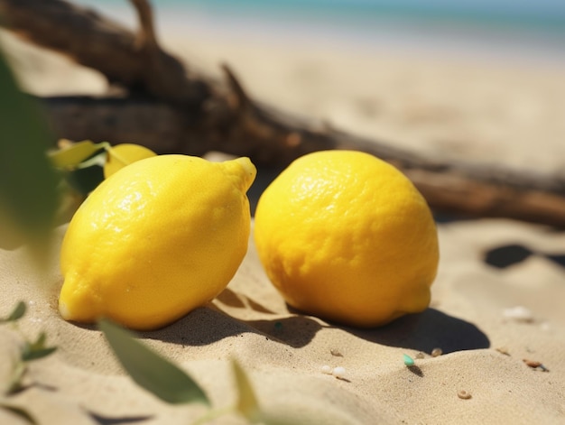 Dois limões sentados em uma praia arenosa ao lado de um galho de árvore generativo ai