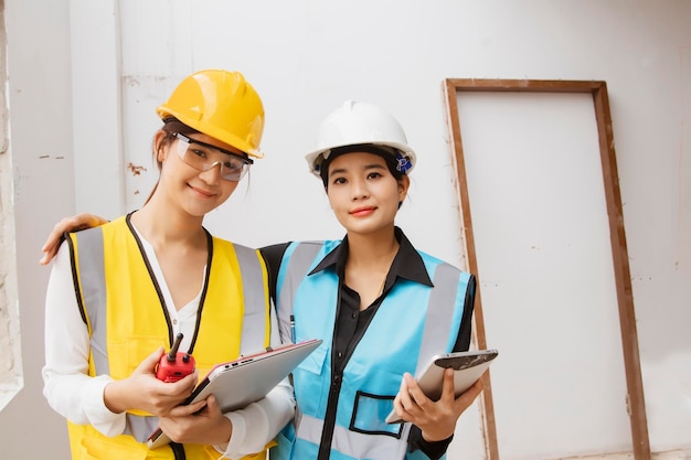 Dois lindos engenheiros trabalhadores asiáticos usando capacetes e coletes salva-vidas seguram em um canteiro de obras