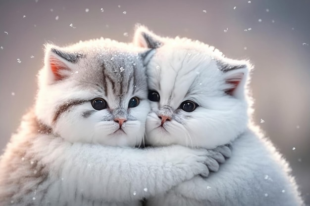 Dois lindos miados brancos se abraçam fundo de neve