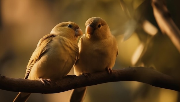 Dois lindos pássaros amarelos empoleirados em um galho olhando um para o outro gerados por IA