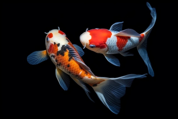 Dois lindos peixes koi isolados em fundo preto generativo ai