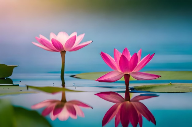 Foto dois lírios de água cor-de-rosa estão flutuando em uma lagoa