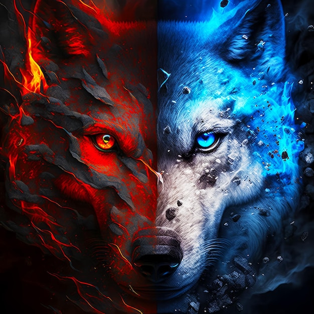 Dois lobos se encarando com chamas vermelhas e azuis em seus olhos Generative AI