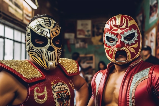 Dois lutadores mascarados Lucha libre antes da luta Luchadores mexicanos estão se preparando para a luta Gerado por IA