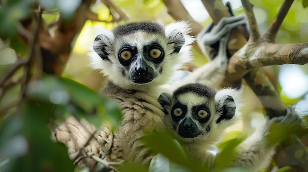 Dois macacos bebês estão numa árvore com a mãe.
