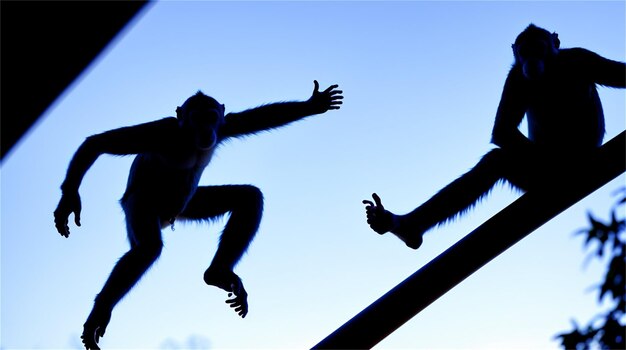 Dois macacos pulando na frente de um céu azul