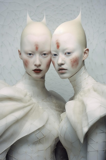 dois manequins com lábios vermelhos e pintura facial e pintura facial.