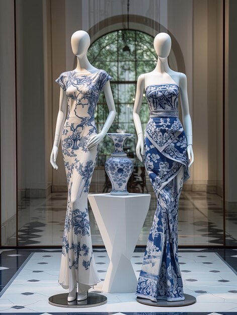 Foto dois manequins com vestidos florais azuis e brancos são exibidos