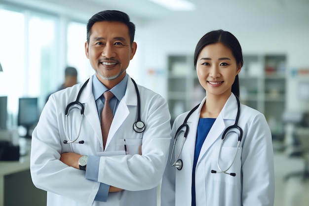 Foto dois médicos de jaleco branco estão em um hospital.