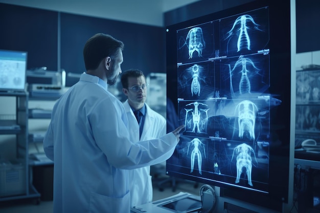 Dois médicos discutem informações em um mapa de raios-X