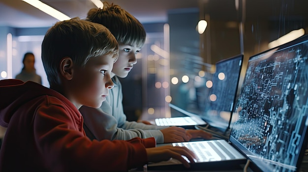 Dois meninos absorvidos pela tela do computador exploram o Dia Mundial da Criança Digital