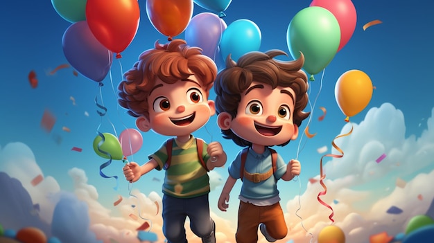 Dois meninos bonitos dos desenhos animados segurando balões com as palavras feliz aniversário neles