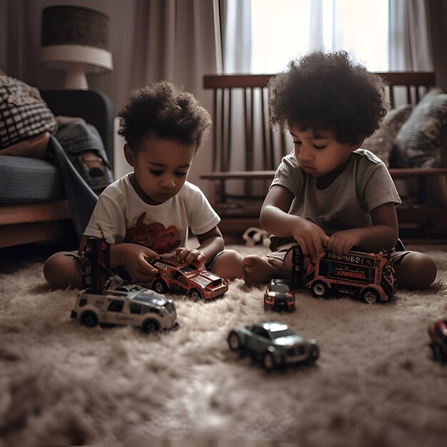 Dois meninos brincando com carros de brinquedo na sala de estar em casa