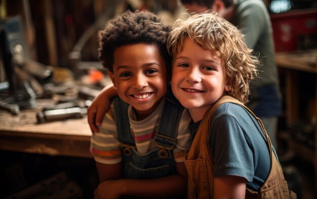 Dois meninos brincando com um pedaço de madeira