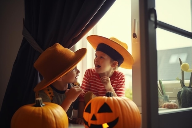 Dois meninos com chapéus de cowboy estão sentados em frente a uma abóbora de halloween