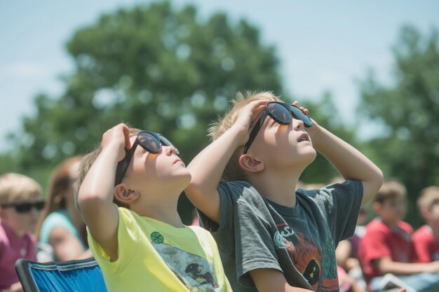 Dois meninos com óculos de sol olhando para o céu com excitação