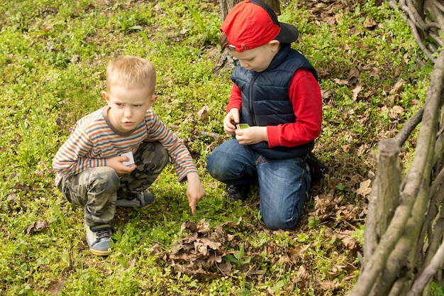 Dois meninos construindo uma fogueira