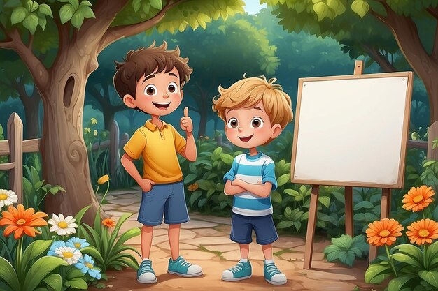 Dois meninos de desenho animado de pé e falando no jardim com o quadro de discursos em branco