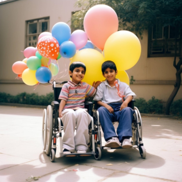 Foto dois meninos em uma cadeira de rodas com um monte de balões nos ombros