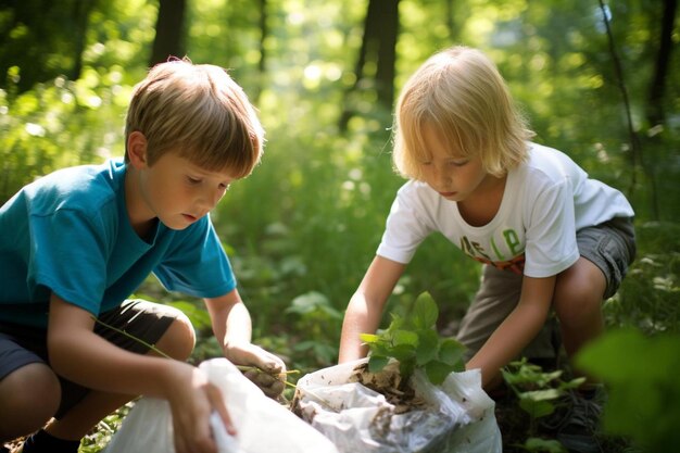 Dois meninos estão colhendo plantas na floresta, um deles tem uma camisa branca que diz "camiseta".