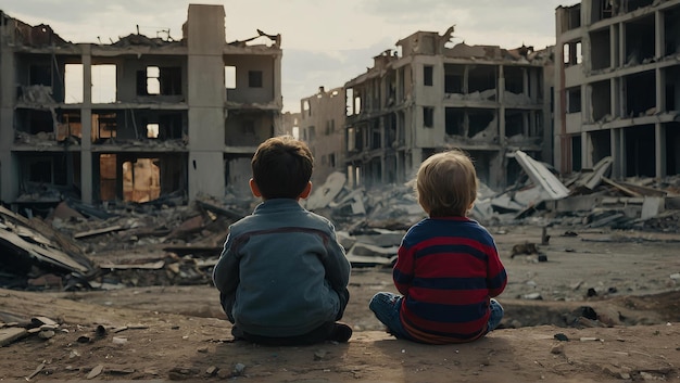 Foto dois meninos estão sentados nas ruínas de um edifício destruído pela guerra