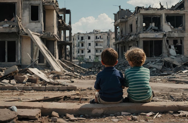 Foto dois meninos estão sentados nas ruínas de um edifício destruído pela guerra