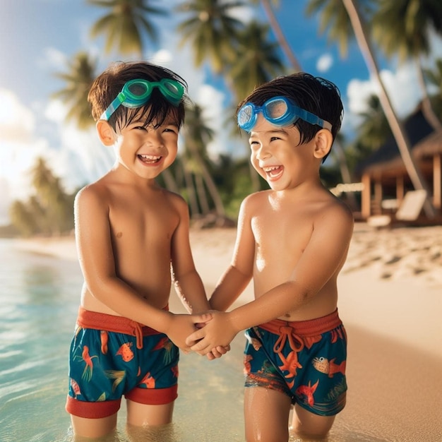 Foto dois meninos na praia.