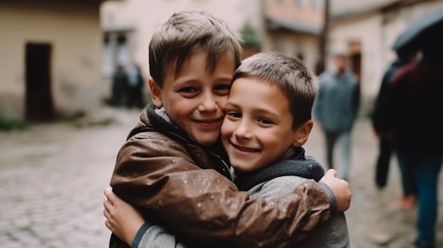 Dois meninos se abraçando, um dos quais é a palavra amor.