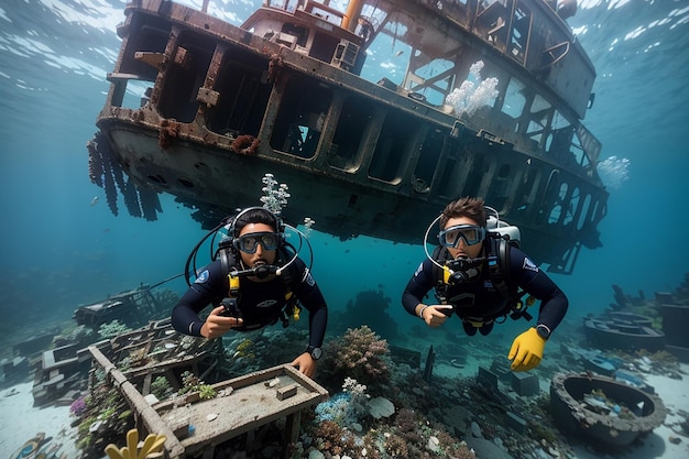 Foto dois mergulhadores exploram o naufrágio do navio kudimaa afundado nas maldivas