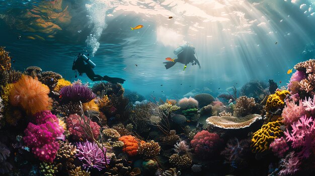 Dois mergulhadores exploram um recife de coral vibrante a água é cristalina e o sol brilha brilhantemente acima