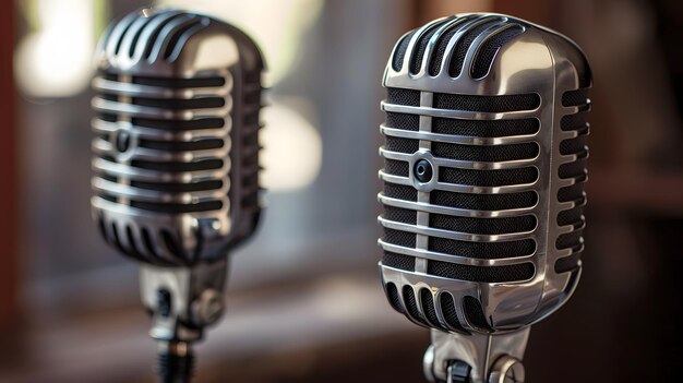 Dois microfones vintage colocados lado a lado em uma mesa