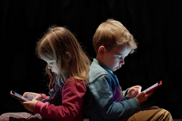 Dois miúdos a brincar com smartphones. Não falam uns com os outros.