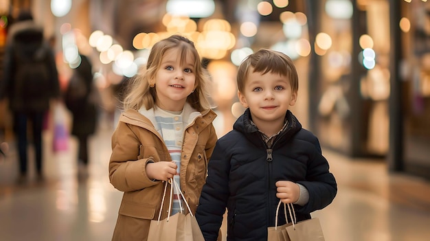 Dois miúdos adoráveis de mãos dadas e bolsas de compras num grande centro comercial parecem entusiasmados com todas as possibilidades que os esperam.