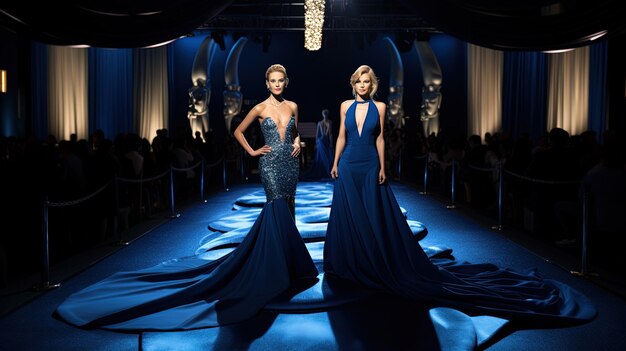 dois modelos de vestidos azuis em frente a um pano de fundo azul