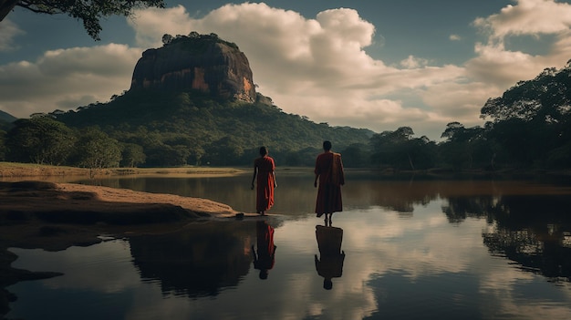 Dois monges estão parados em um lago com montanhas ao fundo.