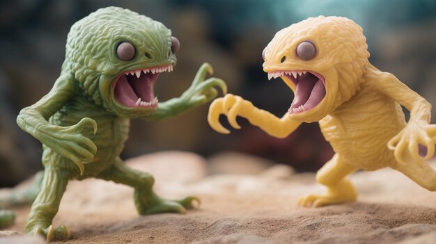 Dois monstros alienígenas com um com cabeça verde e outro com cabeça verde com olho vermelho e um com olho roxo e um com cabeça verde com olho roxo e outro com