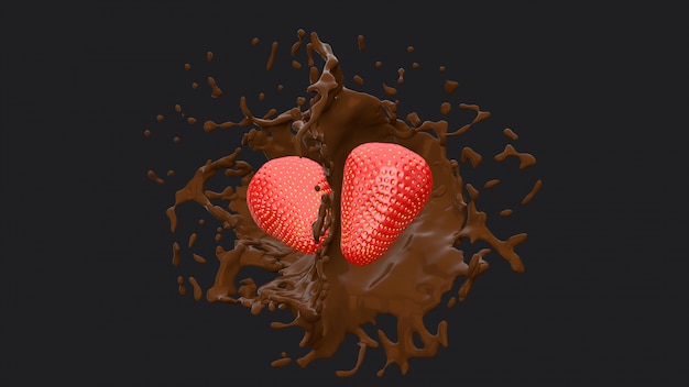 Foto dois morangos e respingos de chocolate, rendição 3d.