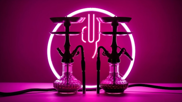 Foto dois narguilhos com carvões de shisha iluminação de néon rosa em um fundo escuro