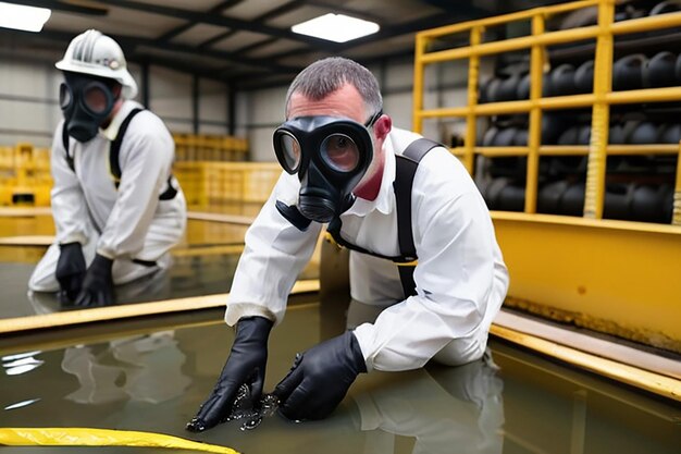 Dois oficiais usando máscaras de gás inspecionaram a área de um vazamento químico