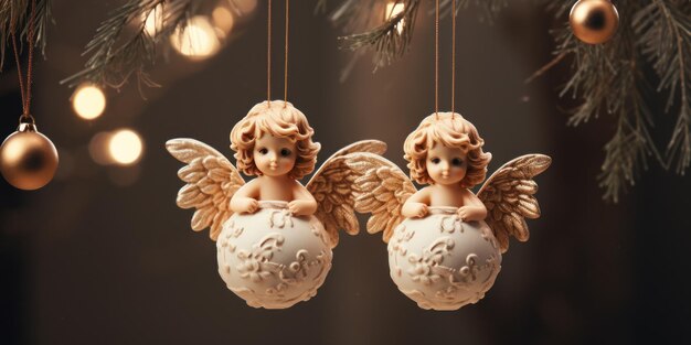 Foto dois ornamentos de anjos pendurados numa árvore de natal
