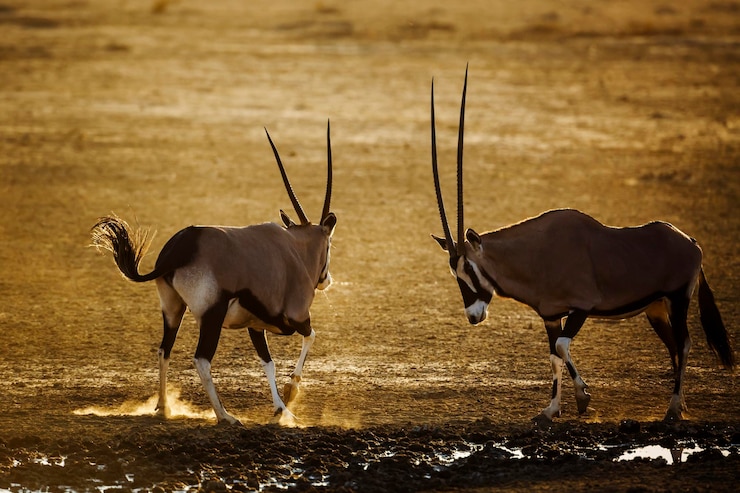 Foto dois oryx sul-africanos duelando na areia ao anoitecer no parque transfronteiriço de kgalagadi, áfrica do sul, espécie de oryx da família bovidae.