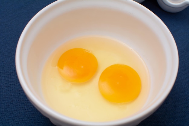 Dois ovos crus em uma tigela branca, vista superior, café da manhã, colesterol quebrado, cozinheiro, cozinhando