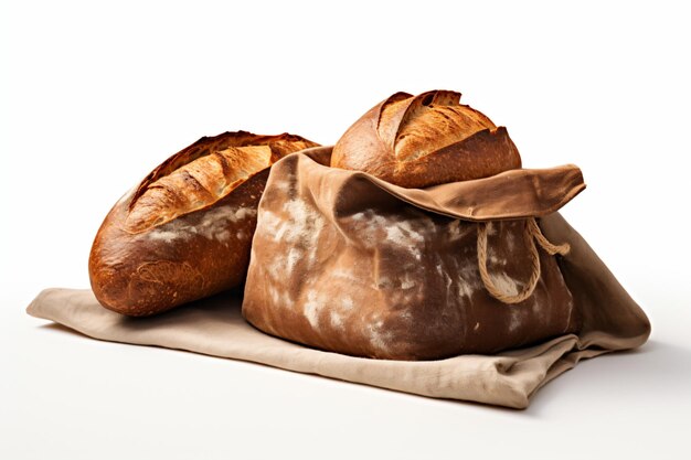 dois pães sentados num saco de pano