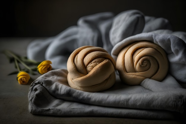 Dois pães sobre uma manta com uma flor amarela do lado direito.